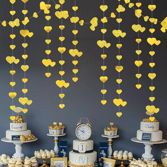 Gold Heart Garland Hanging Sparkling Love Streamer Glitter Bunting Banner Twinkle Heart Backdrop for Wedding Engagement Valentines Galentines Birthday Party Decor 40 Feet