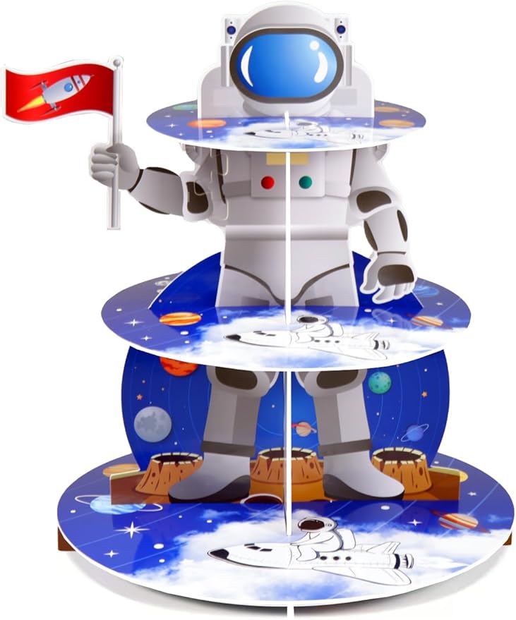 Space Astronaut Cupcake Stand Space Themed Birthday Party Decorations 3-Tier Cardboard Cupcake Holder stand Galaxy Style Dessert Tower Display for Party Supplies