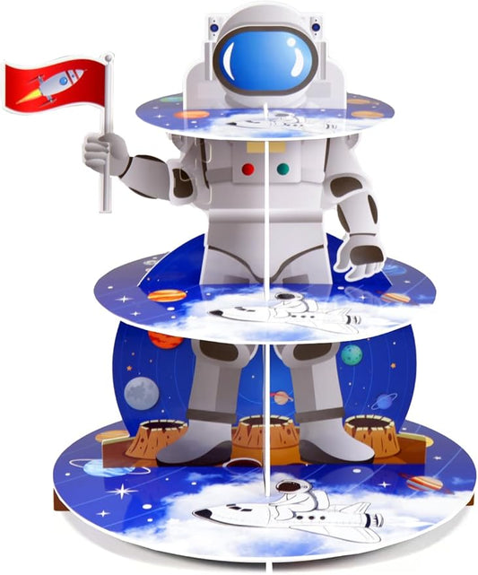 Space Astronaut Cupcake Stand Space Themed Birthday Party Decorations 3-Tier Cardboard Cupcake Holder stand Galaxy Style Dessert Tower Display for Party Supplies