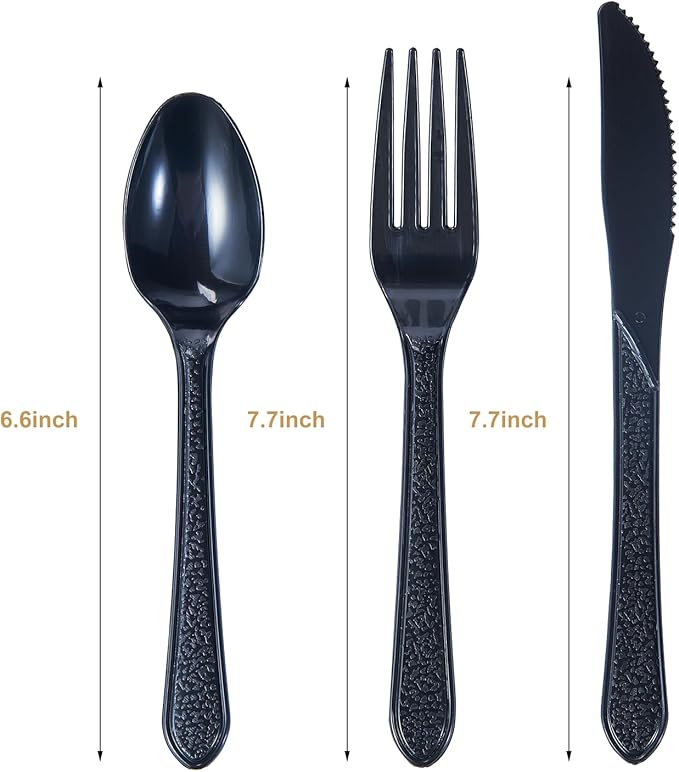 FULING [300 Combo Box] Black Plastic Forks Spoons Knives Heavyweight Utensils Disposable Silverware Heavy Duty Cutlery Set