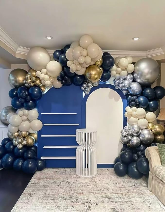 Navy Blue Silver White Balloon Arch Kit, Double Stuffed Pearl Sand White Royal Dark Blue Chrome Silver Confetti Balloons Garland Kit for Birthday Graduation 2026 New Years Party Decoration