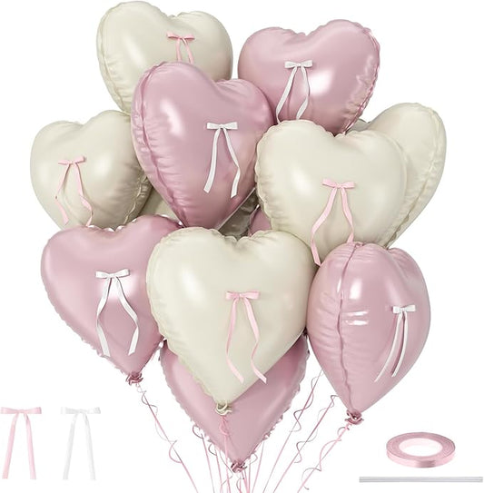 Pink White Heart Balloons with Ribbon Bow, 10 Pcs Baby Pink Cream Heart Shape Foil Balloons, 18In Pastel Nude Light Rosa Helium Balloon with Bow Decor for Girl Baby Shower Women Birthday Bridal Shower