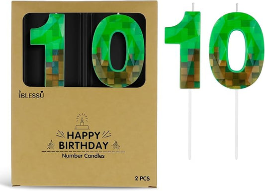Pixel Birthday Candle, 2.68 Inch Miner Number Candles, Game Themed Candle Birthday Decoration for Pixel Theme Birthday Anniversary Dynamite Video Game Party (Green, 10)