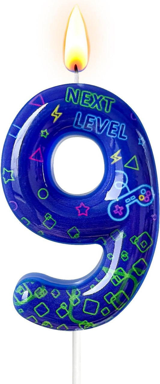 Number 9 Birthday Candle for Cake – Blue Gaming Theme Number Candle with “Next Level” Design, Video Game Style Cake Topper for Anniversary & Celebration
