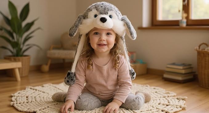 Bubblepompom Animal Hat with Ears Moving Jumping Pop Up Beating Hat Plush Holiday Cosplay Dress Up Funny Gift for Kids
