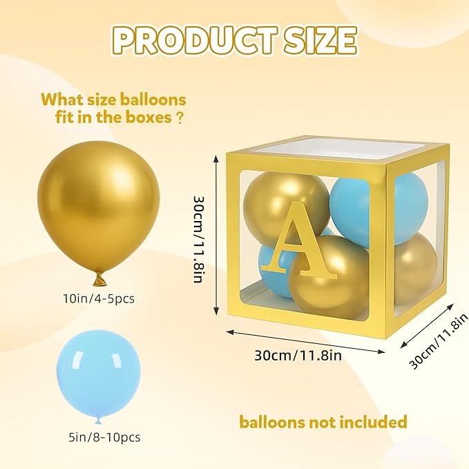 Voircoloria Baby Balloon Boxes Decorations With 78 Letters, 6 Gold Boxes for Custom Baby Shower Wedding Graduation Birthday Gender Reveal Decorative Blocks(6PCS Gold)