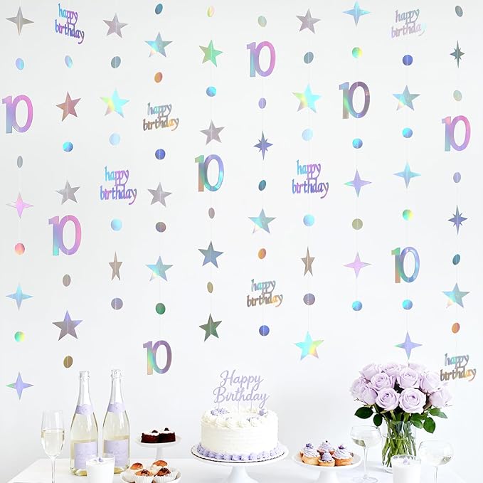 GCQQ 10th Birthday Decorations - 46FT Iridescent 10 year old Circle Dot Twinkle Star Garland 10th Birthday Metallic Holographic Streamer Banner Backdrop for Girls Boys Teen Kids Birthday Party Decor