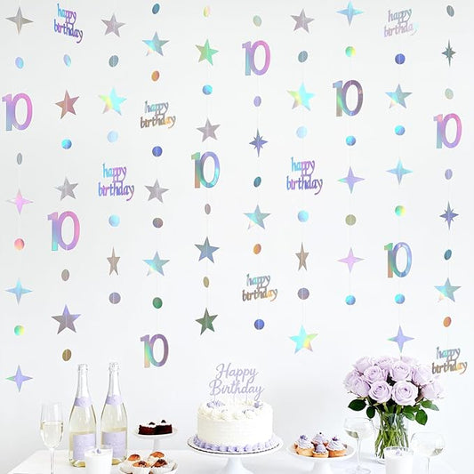 GCQQ 10th Birthday Decorations - 46FT Iridescent 10 year old Circle Dot Twinkle Star Garland 10th Birthday Metallic Holographic Streamer Banner Backdrop for Girls Boys Teen Kids Birthday Party Decor