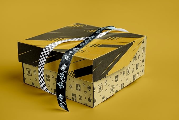 4 Pack Racing Ribbon Set, 7/8 Inch x 5 Yard Grosgrain Ribbons Each, Checkered Flag Race Car Patterns, Motorsport Gift Wrap for Car Shows, Racing Events, Trophy Decoration, Hair Bows