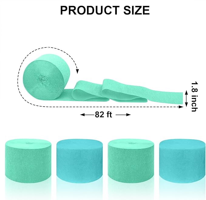 4 Crepe Paper Streamers Rolls, 328ft Pack of Mint Green and Blue Crepe Paper for Wedding Ocean Theme Engagements Birthday Party Decoration Supplies (1.8 inch x 82 ft/Roll)