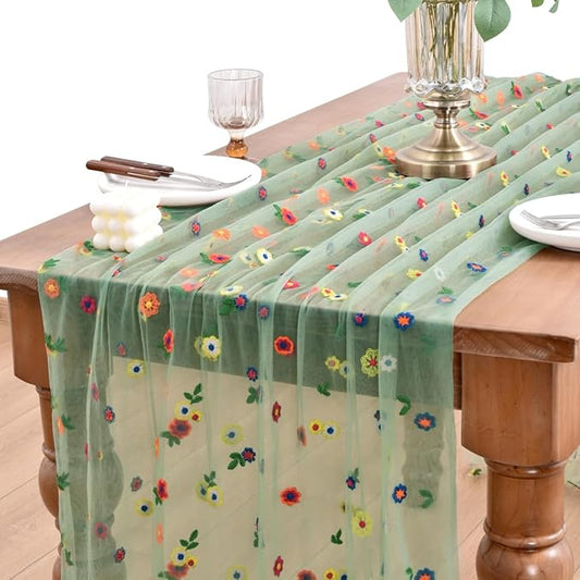 Joanlody Sage Green Embroidery Daisy Spring Summer Table Runner Florals Seasonal Easter Tulle Table Runner Holiday Kitchen Dining Table Decoration for Home Party Indoor