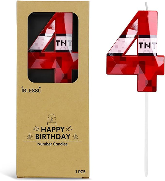Number 4 Red Pixel Birthday Candle, TNT Themed Birthday Candles for Cake, 2.69 Inch Green Miner Number Candles, Game Themed Candle Birthday Decoration, Red Birthday Cake Topper for Boys Girls Party
