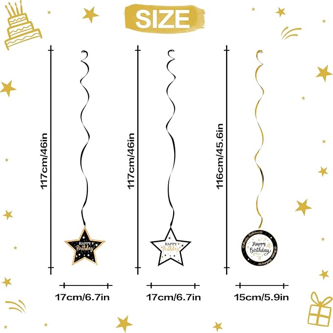 Happy 35th Birthday Black & Gold Glitter Swirls Streamers Party Decorations - 15 Pcs 35th Birthday Hanging Swirls Streamers Kit,Perfect for 35th Bday Party Sign.