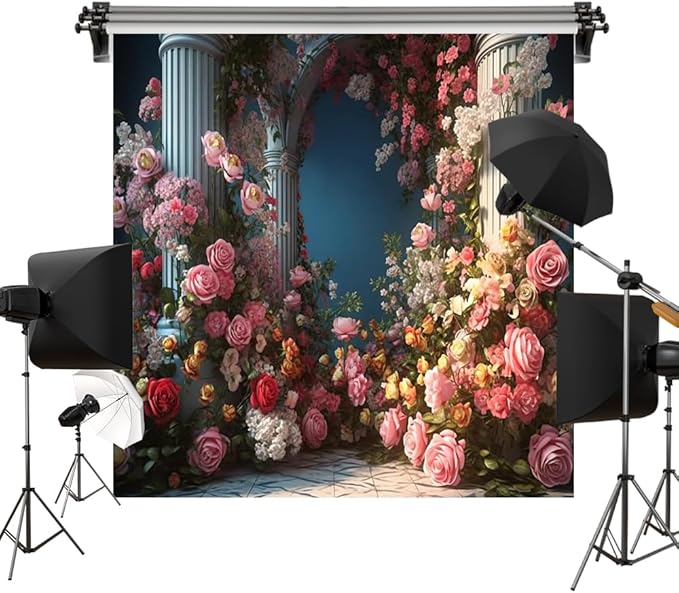 Kate Flowers Roman Column Arch Photo Backdrop Royal Decoration Wedding Reception Birthday Party Fabric Printed Seamless Background 10x10ft
