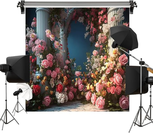 Kate Flowers Roman Column Arch Photo Backdrop Royal Decoration Wedding Reception Birthday Party Fabric Printed Seamless Background 10x10ft