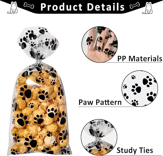 Dog Cellophane Treat Bags, 100PCS Plastic Paw Goodie Bags with Ties for Candy Cookie Gifts, 5x11 Inch Clear Gift Bag for Baby Shower Pet Puppy Birthday Party Decorations Favors Supplies Wrapping