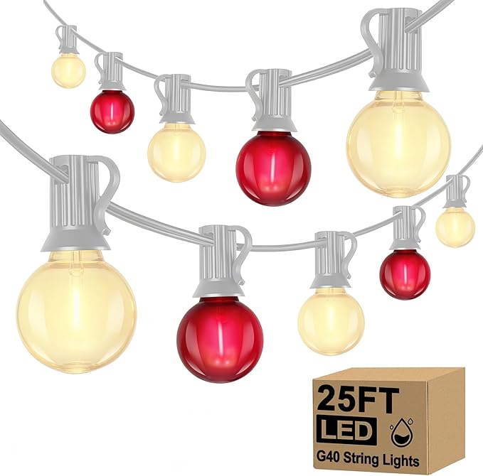 25FT LED Valentine’s Day String Lights, 25 G40 Valentines Decoration Lights Outdoor with Frosted Red White Bulbs, Hanging Patio Lights Shatterproof for Mother's Day Decor Wedding Party, White Wire