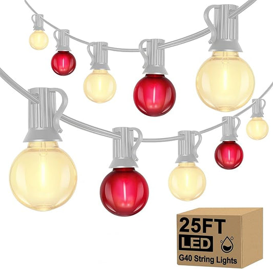 25FT LED Valentine’s Day String Lights, 25 G40 Valentines Decoration Lights Outdoor with Frosted Red White Bulbs, Hanging Patio Lights Shatterproof for Mother's Day Decor Wedding Party, White Wire
