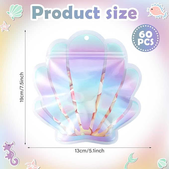 Resurhang 60 Pcs Mermaid Party Zipper Treat Bags Cute Seashell Food Goodie Gifts Bags Resealable Under the Sea Aquatic Nautical Theme Snack Candy Containers for Summer Ocean Beach Supplies