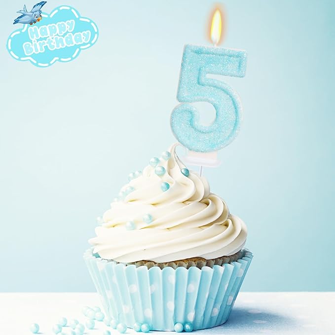 Blue Birthday Candles - Number 5 Candle for 5th Birthday Decorations Girl Boy, Sky Blue Cake Decorations Sweet Theme Party Supplies