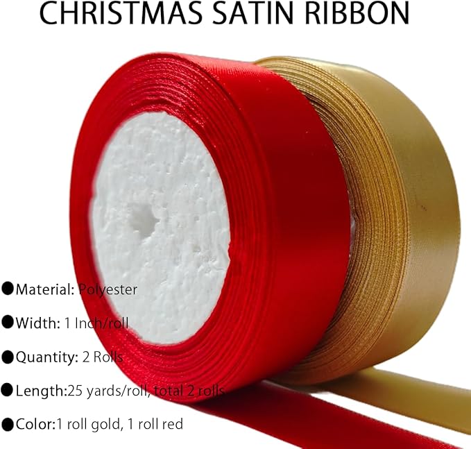 Gold Christmas Ribbon, Gold Red Satin Ribbon 1 Inch 50 Yards Fabric Ribbons for Christmas Party Decorations, Gift Wrapping, Tree Ornaments, Bouquets, Door Wreaths, Bows Making and DIY Crafts