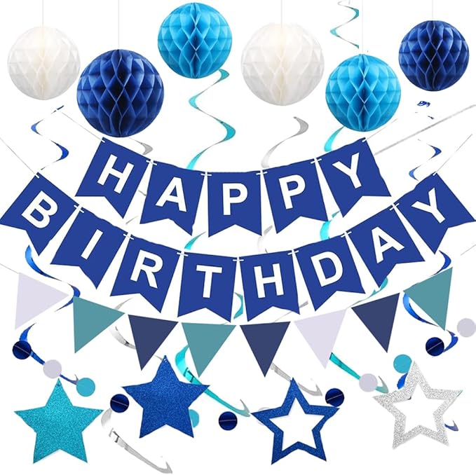 Blue Birthday Decorations, Happy Birthday Banner with Honeycomb Balls, Stars Hanging Swirl Streamers, Buntings Circle Dots Garland, Party Decorations for Women Men Boys Girls (Blue)
