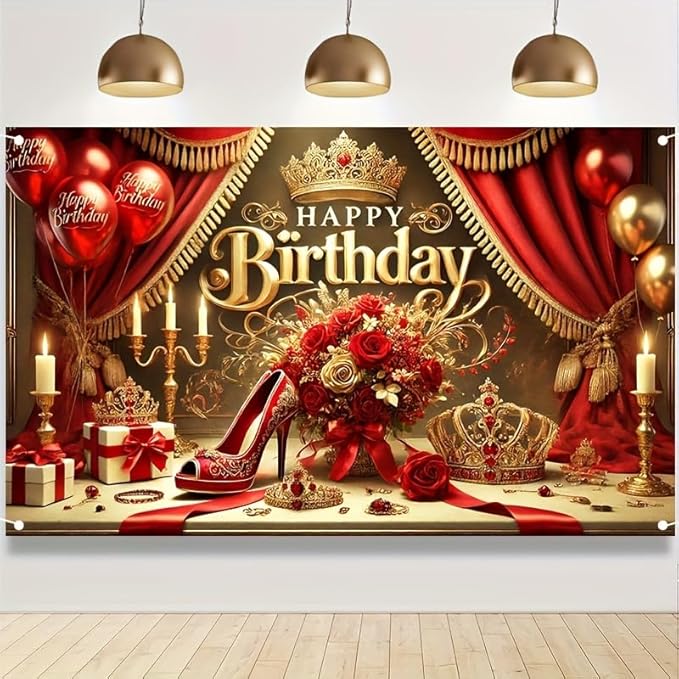 Royal Birthday Party Banner 71x43 Inch Double Sided Outdoor Decoration with CrownRed Rose and High Heel Design for Elegant Birthday Celebration Queen Party Supplies