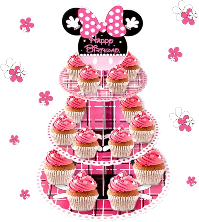 Pink Mouse 3-Tier Cupcake Stand Party Favors Dessert Tower Cupcake Holder for Wedding Birthday Baby Shower Party Decorations