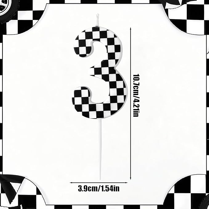 Racing Cars Themed Birthday Candle, Checkered Flag Number Candles Black and White Candles Happy Birthday Cake Topper Party Decorations for Boys Racing Cars Themed Party Supplies (Number 3)