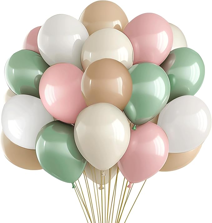 Sage Green Pink Balloons,50Pcs 12 Inch Pastel Light Pink Dusty Sage Green Nude Sand White Boho Balloons for Baby Shower Birthday Bridal Shower Wedding Tea Party Decorations