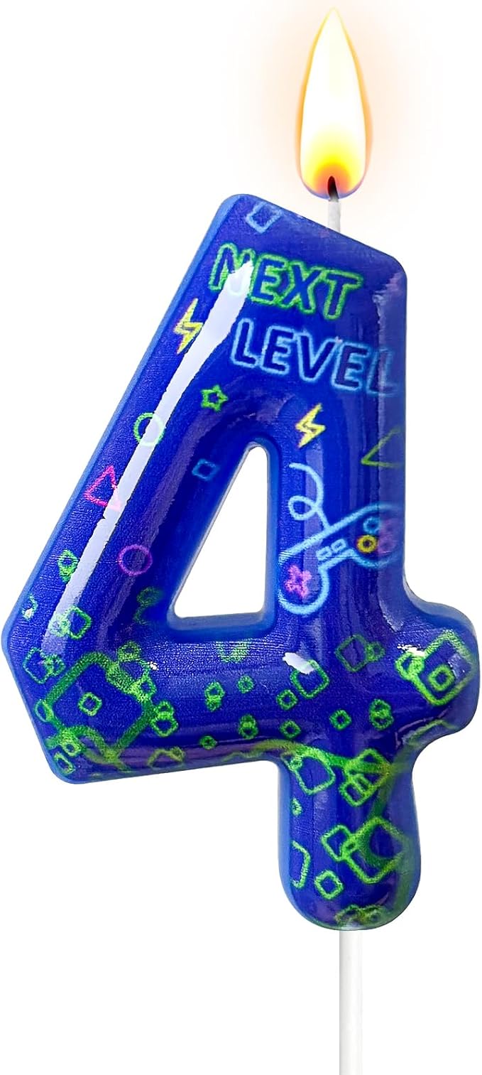 Number 4 Birthday Candle for Cake – Blue Gaming Theme Number Candle with “Next Level” Design, Video Game Style Cake Topper for Anniversary & Celebration