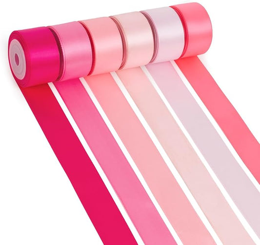 Pink Ribbon 1 Inch Assorted Double Faced Pink Satin Ribbon Set for Flower Bouquet, Gift Wrapping, Wedding Invitation, Bridal Shower Decor, Hair Bows and Crafts, 6 Rolls Total 30 Yards