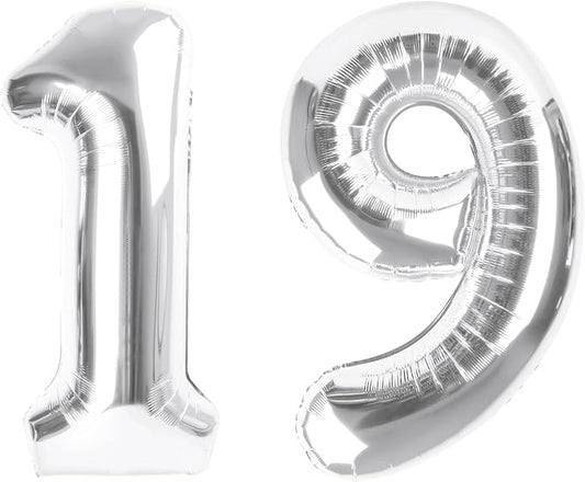 Numbers 40Inch Balloons, Silver Number 19 Balloons Birthday Decoration for Men & Women, Foil Silver Party Decorations for Birthday Wedding Engagement Memroial Day's