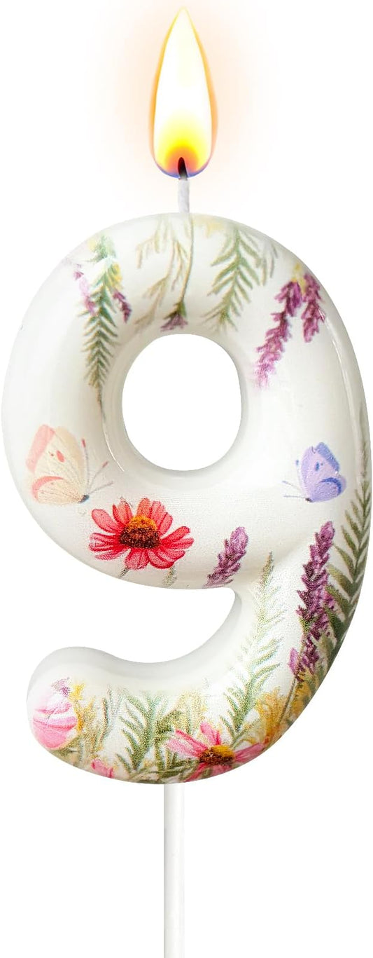 Number 9 Birthday Candle for Cake – Floral Botanical Design with Butterfly Detail – Elegant Cake Topper for Birthday, Garden Party Decoration