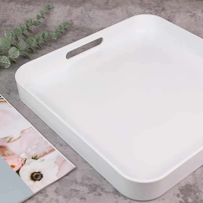 Square White Decorative Serving Tray with Handles, Versatile Ottoman Tray for Coffee Table, Entertaining, Outdoor Patio, Living Room, 13”*13”*1.6”