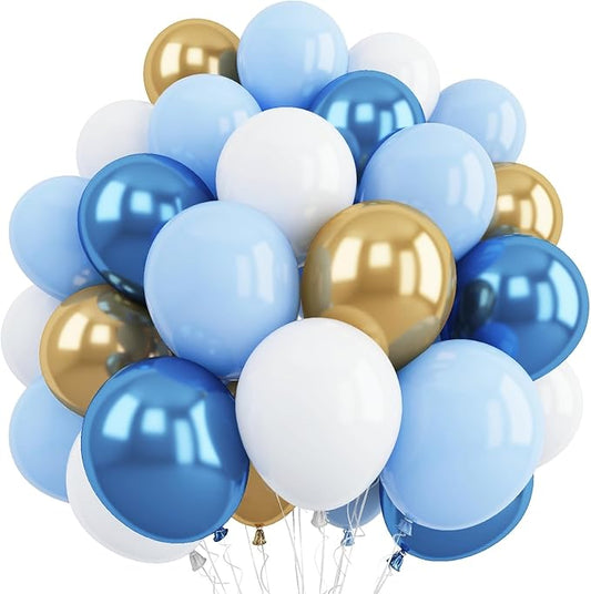 Blue and Gold Balloons, 12 Inch Pastel Baby Blue Metallic Blue Metallic Gold White Latex Balloon for Boys Men Birthday New Year Graduation Party Decor Baby Shower Anniversary Decorations Supplies