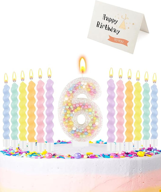 Birthday Candles for Cake, Pink Number Candles, Cake Candles with Greeting Card for Birthday Party Wedding Anniversary Celebrations（6 Candle,White Number Macaron）