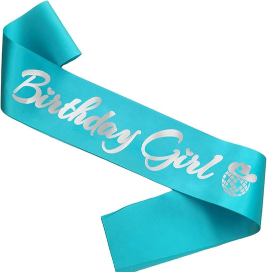 Birthday Girl Sash, Disco Cow Birthday Sash for Cowgirl Funny Birthday Gift Ideas Suppiles, Teal Blue+ Silver Foil