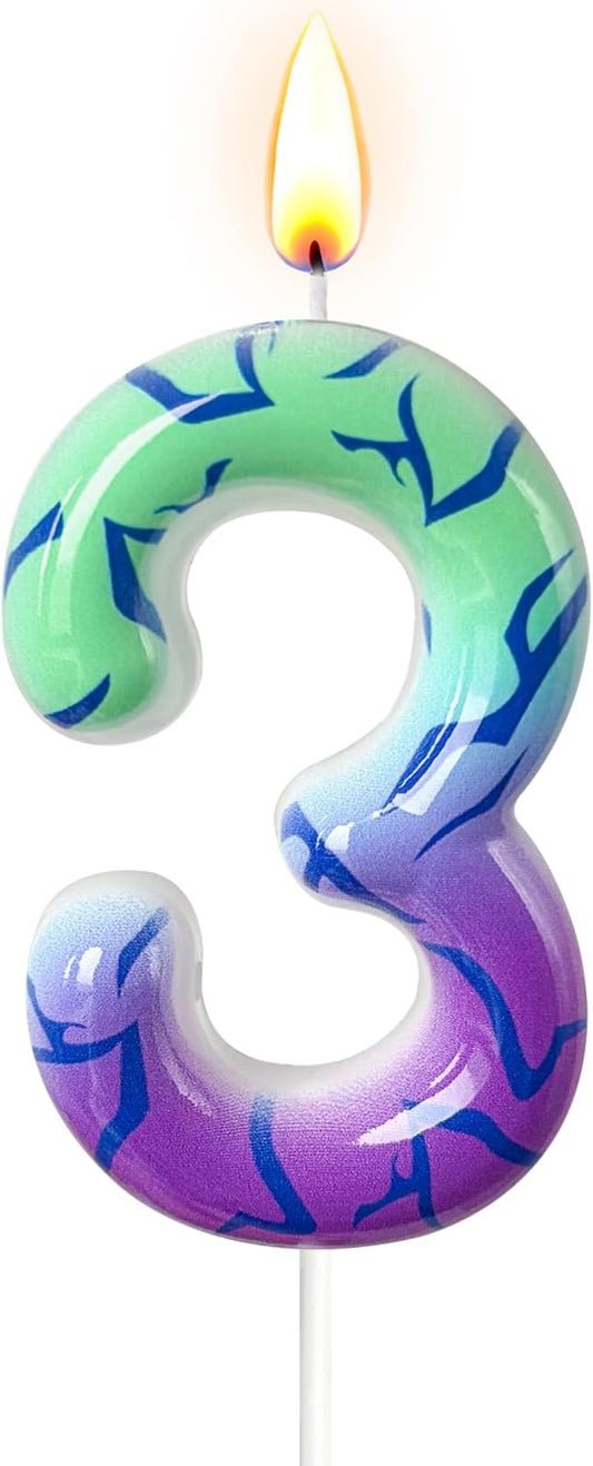 Number 3 Birthday Candle for Cake – Purple Green Gradient Number Candle with Mystic Rune Pattern, Decorative Cake Topper for Anniversary & Celebration