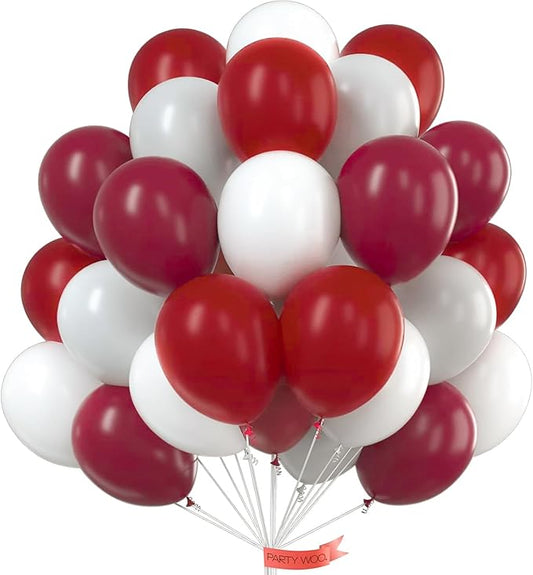 PartyWoo Burgundy White and Gray Balloons 66pcs 12 Inch Burgundy Maroon White Grey Balloons for Graduation Baby Shower Birthday New Year's Eve Anniversary Bachelorette Retirement Party Decorations