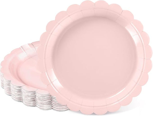 NatNarr 30 Pcs Pink Paper Plates, 7 Inch Scalloped Pink Dessert Cake Plates Cute Small Birthday Appetizer Party Plate for Girls Birthday, Wedding, Bridal Baby Shower