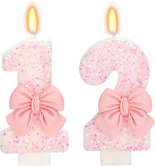 Pink Number 12 Birthday Candle, 3" Tall, Modern Bow Style, Non-Toxic, Eco-Friendly, Unscented