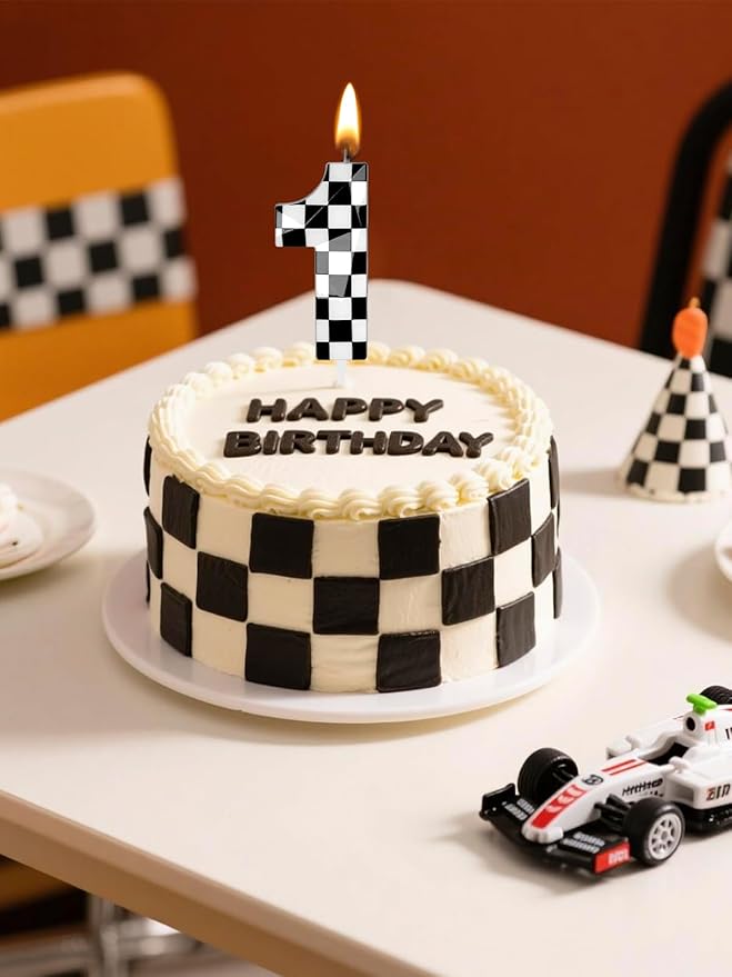 Number 1 Racing Cars Birthday Candles,2.68 Inch Black White Checkered Birthday Number Candles, Cool Racing Themed Number Candles for Boys and Girls, Kids Race Car Themed Party Decorations Supplies
