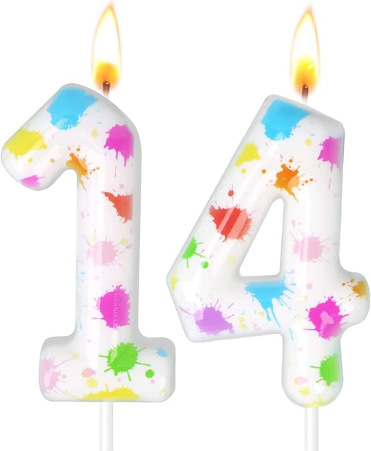 Paint Birthday Candles, Art Paint Party Decoration Supplies, Birthday Number Candles for Cake Topper (Multicolour, Number 14)