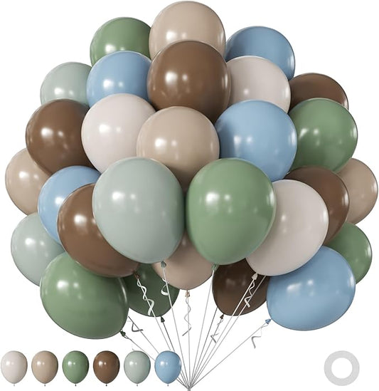 Sage Green Blue Brown Balloons, 60Pcs 12Inch Brown Nude Sage Green Olive Green Blue Sand White Balloon for Safari Jungle Woodland Wedding Baby Shower Birthday Party Decorations