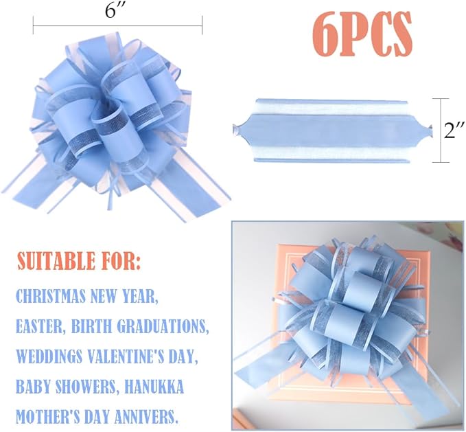 6 Pieces Pull Bows,Sky Blue Gift Bow,6 inches,Party Gift Wedding Ribbon Bows for Wrapping Boxes or Flower Decorations,Day Gift Decorations (Sky Blue)