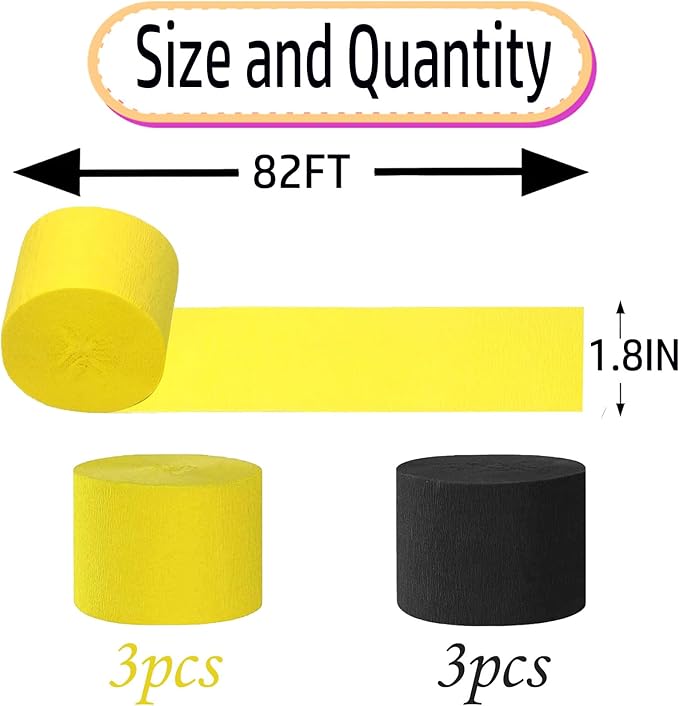 Yellow and Black Crepe Paper 6 Pcs Streamers for Party Decorations, Birthday Wedding DIY Crafts, Gift Wrapping Supplies