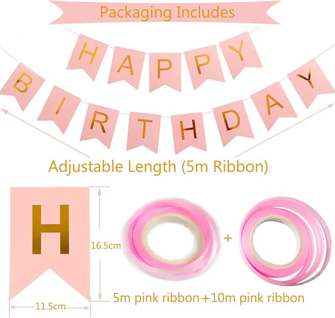 Happy Birthday Banner, Pink Birthday Decoration, 16 pcs 12 inch Happy Birthday Balloons with 2 Ribbons for Girl and Women Birthday Party Decoration