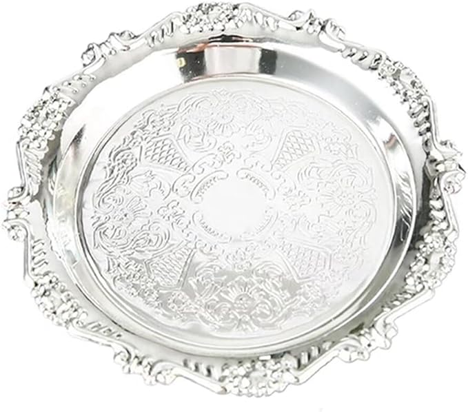Round Decorative Tray 9.8in Metal Dessert Plates Vintage Coffee Table Tray for Snacks Fruit Silver