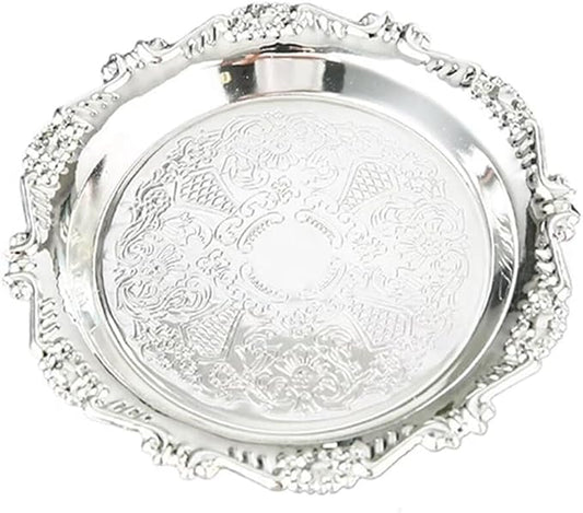 Round Decorative Tray 9.8in Metal Dessert Plates Vintage Coffee Table Tray for Snacks Fruit Silver